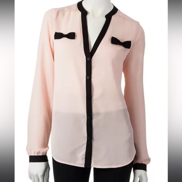 Lauren Conrad sheer light pink blouse with black bows - Picture 1 of 7